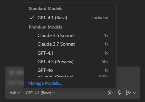 Screenshot of the chat model picker in the Chat view, showing a dropdown list of available models.