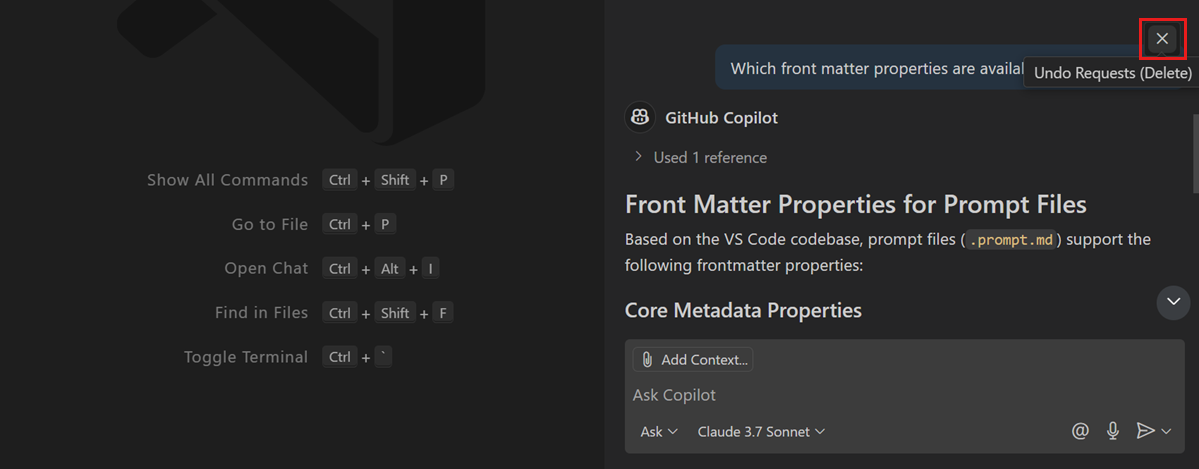 Screenshot of the Chat view with multiple prompts, highlighting the 'x' control to delete a chat prompt and its response.