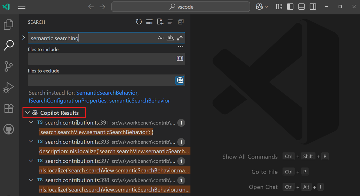 Search view showing semantic search results that are not an exact match for the search criteria.